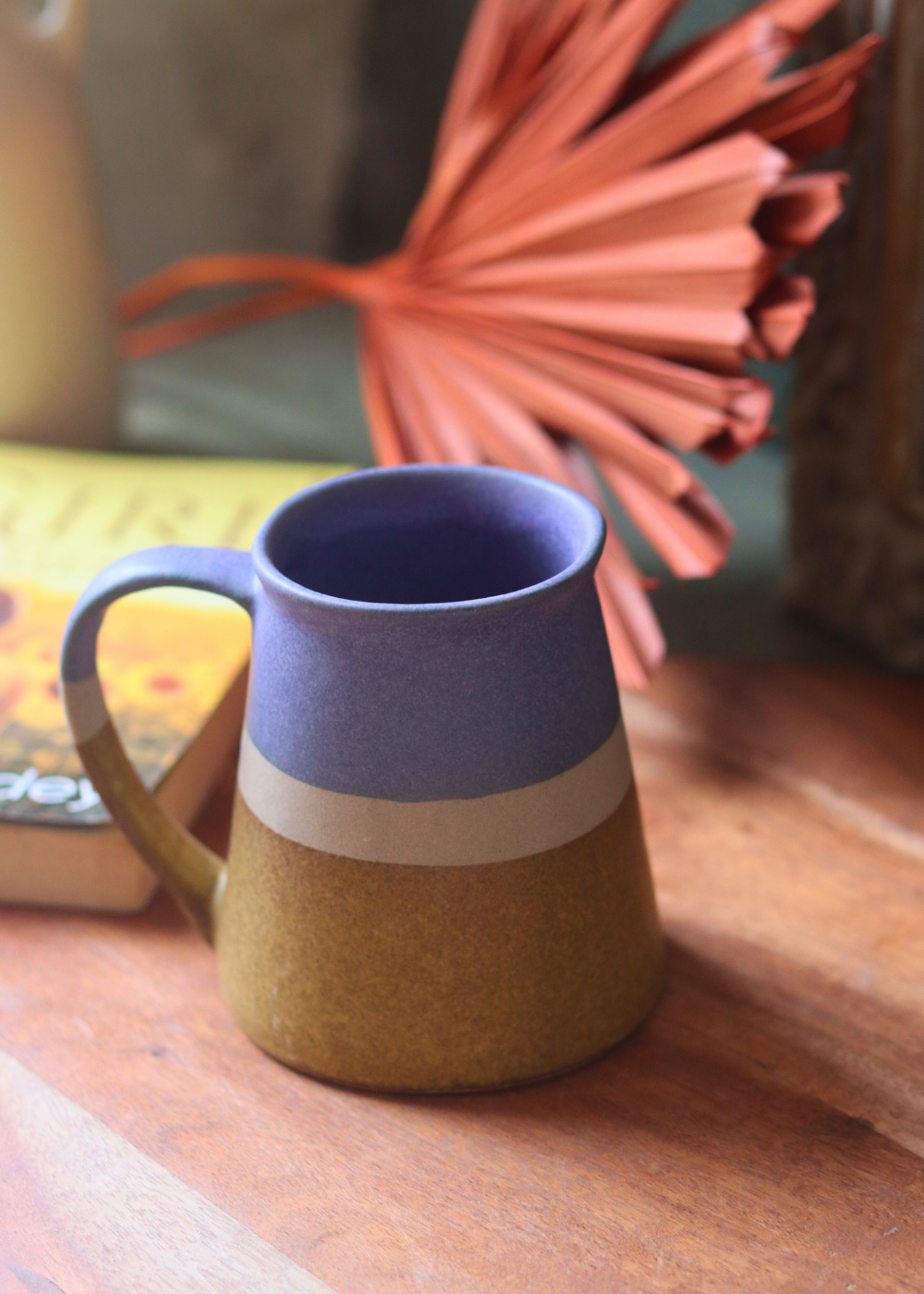 Handmade ceramic blue & mustard coffee mug