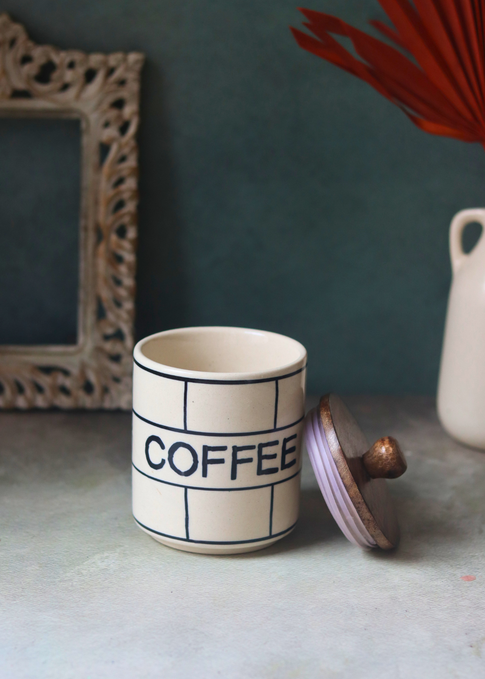 Handmade ceramic coffee jar with wooden lid