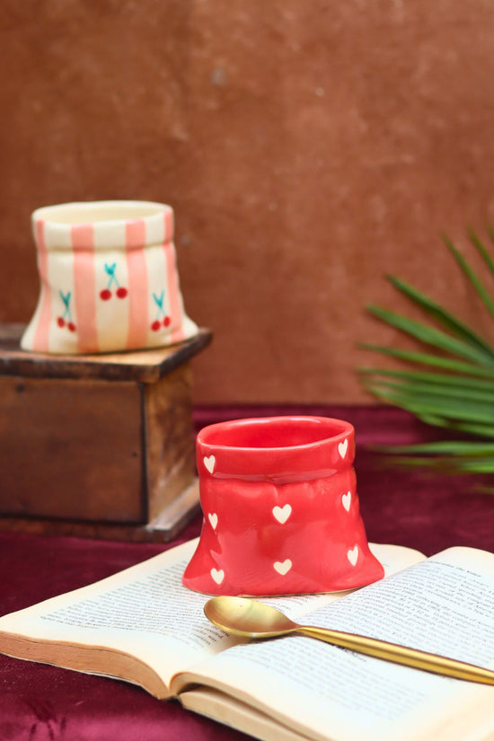Set of 2 - Red Heart Pouch & Pink Striped Pouch Mugs Combo made by ceramic