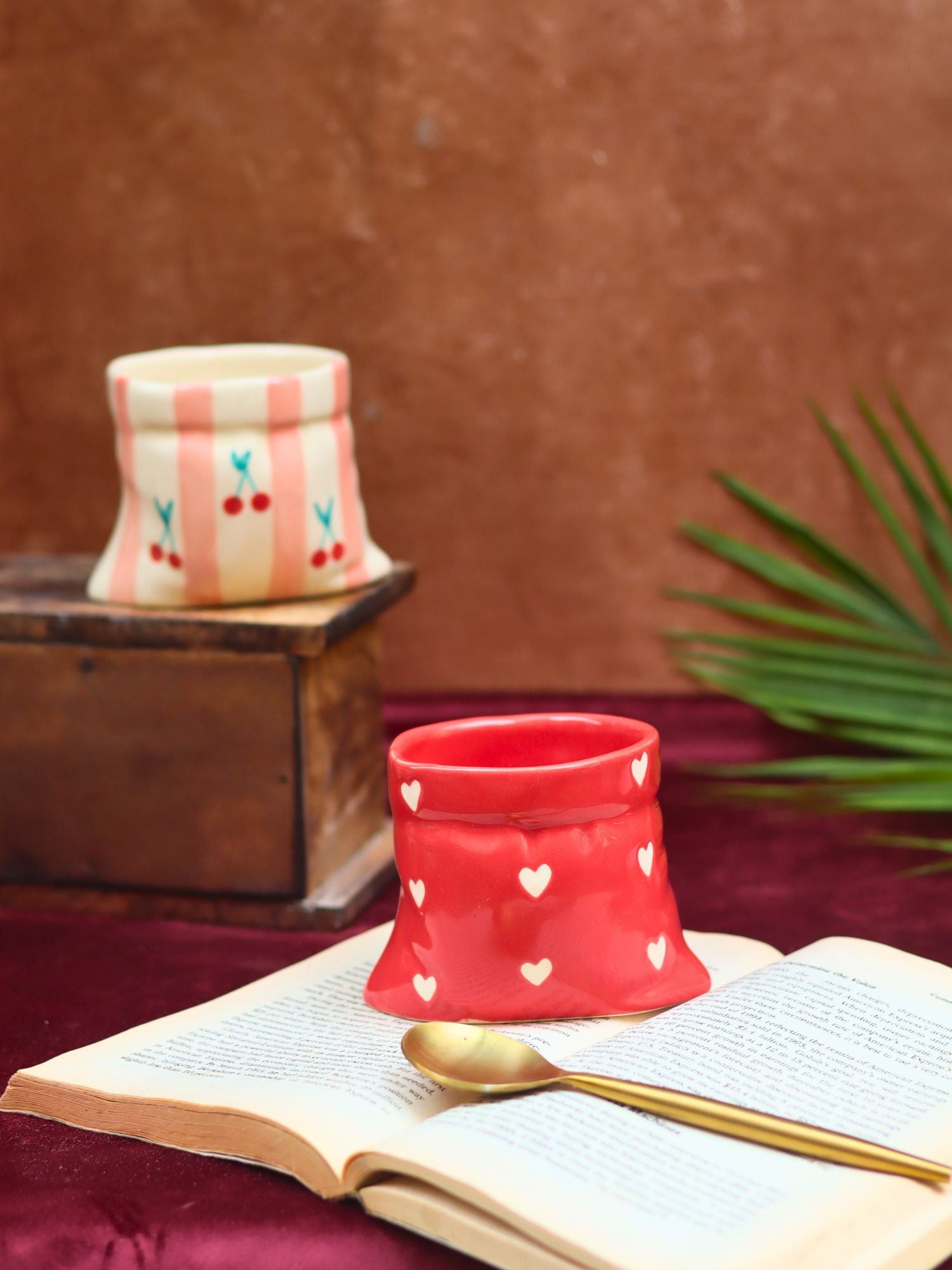 Set of 2 - Red Heart Pouch & Pink Striped Pouch Mugs Combo made by ceramic