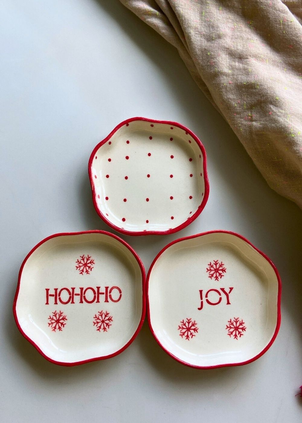 Joy, HOHOHO & Red Polka Handmade Dessert Plates handmade in india