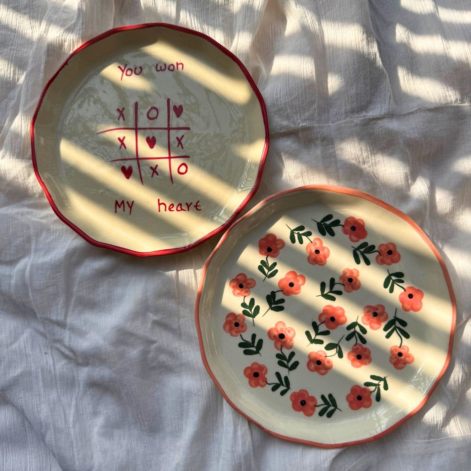 handmade Set of 2 - Poppy field & You won my heart snack plate