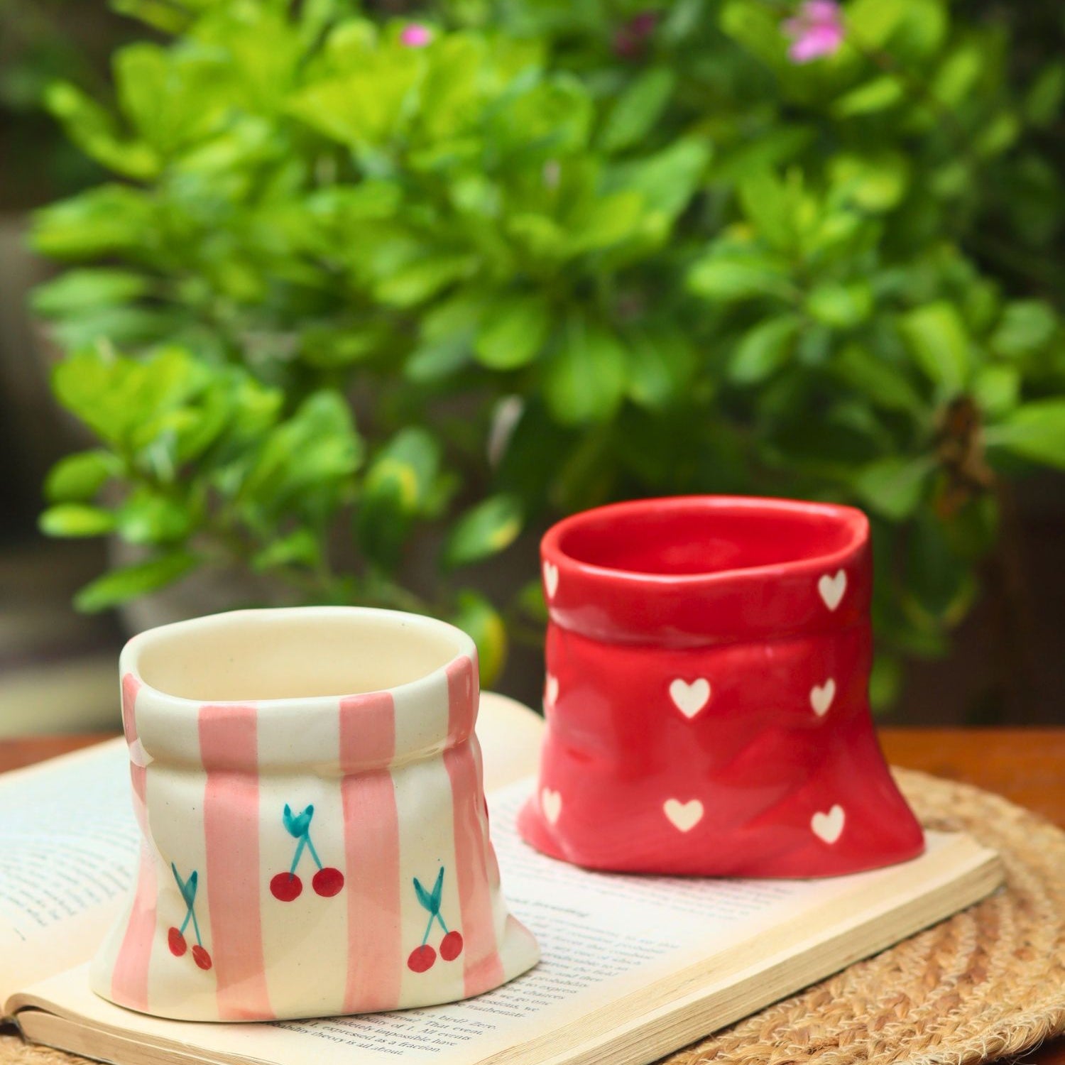 Set of 2 - Red Heart Pouch & Pink Striped Pouch Mugs Combo with premium quality material