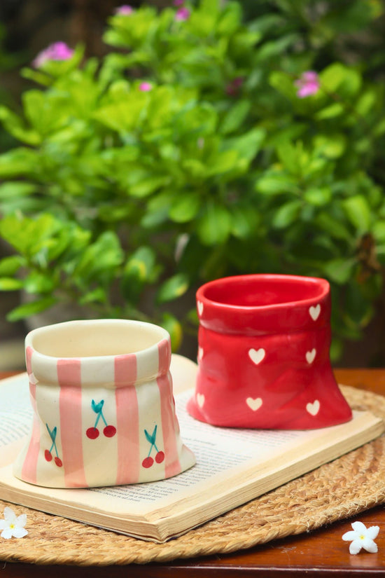 Set of 2 - Red Heart Pouch & Pink Striped Pouch Mugs Combo with premium quality material