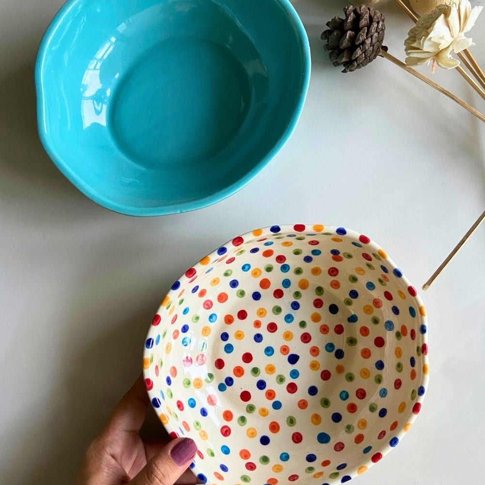 handmade basic teal & colorful polka bowl