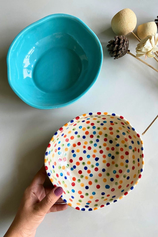handmade basic teal & colorful polka bowl