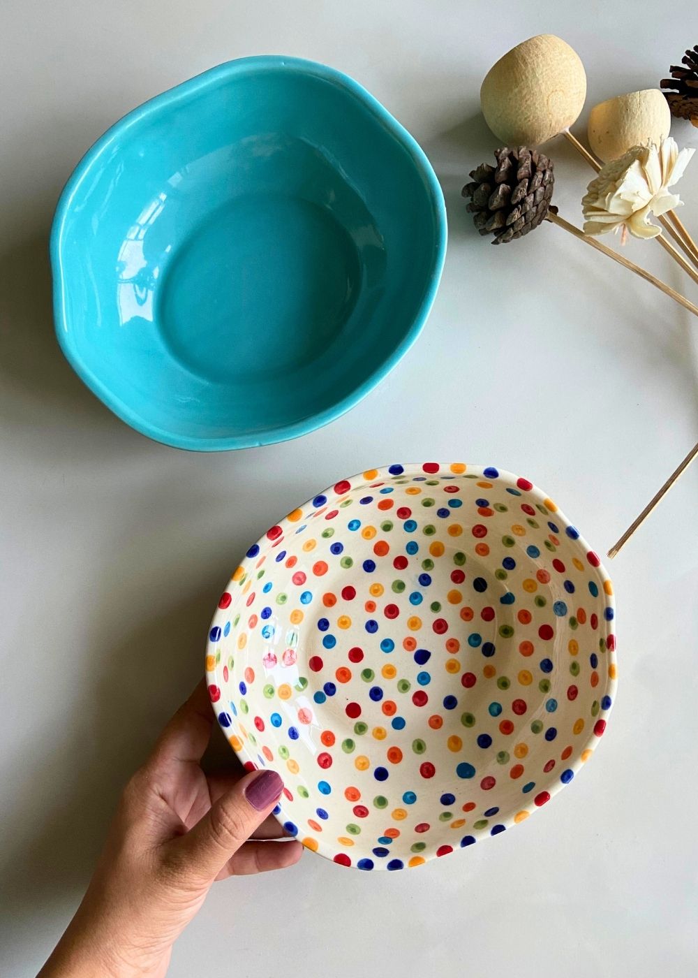 handmade basic teal & colorful polka bowl