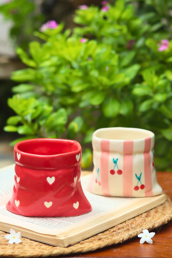 Set of 2 - Red Heart Pouch & Pink Striped Pouch Mugs Combo handmade in India