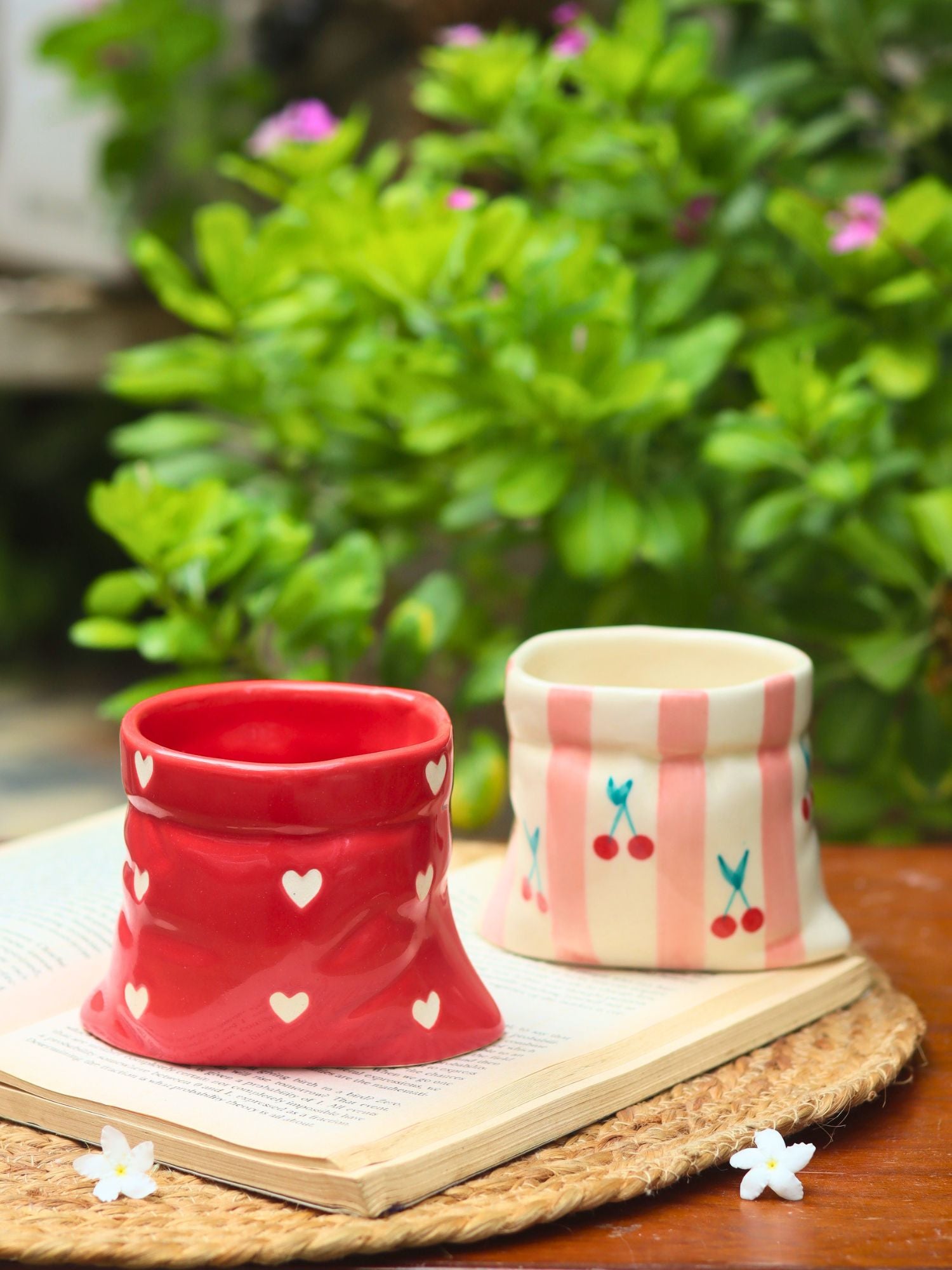 Set of 2 - Red Heart Pouch & Pink Striped Pouch Mugs Combo handmade in India
