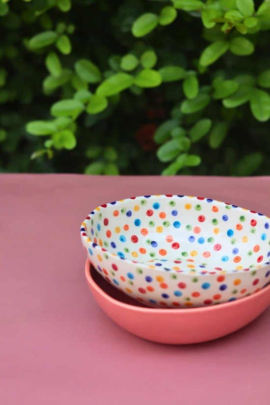 handmade Set of 2 - Colorful Polka & Pink Curry Bowl Combo