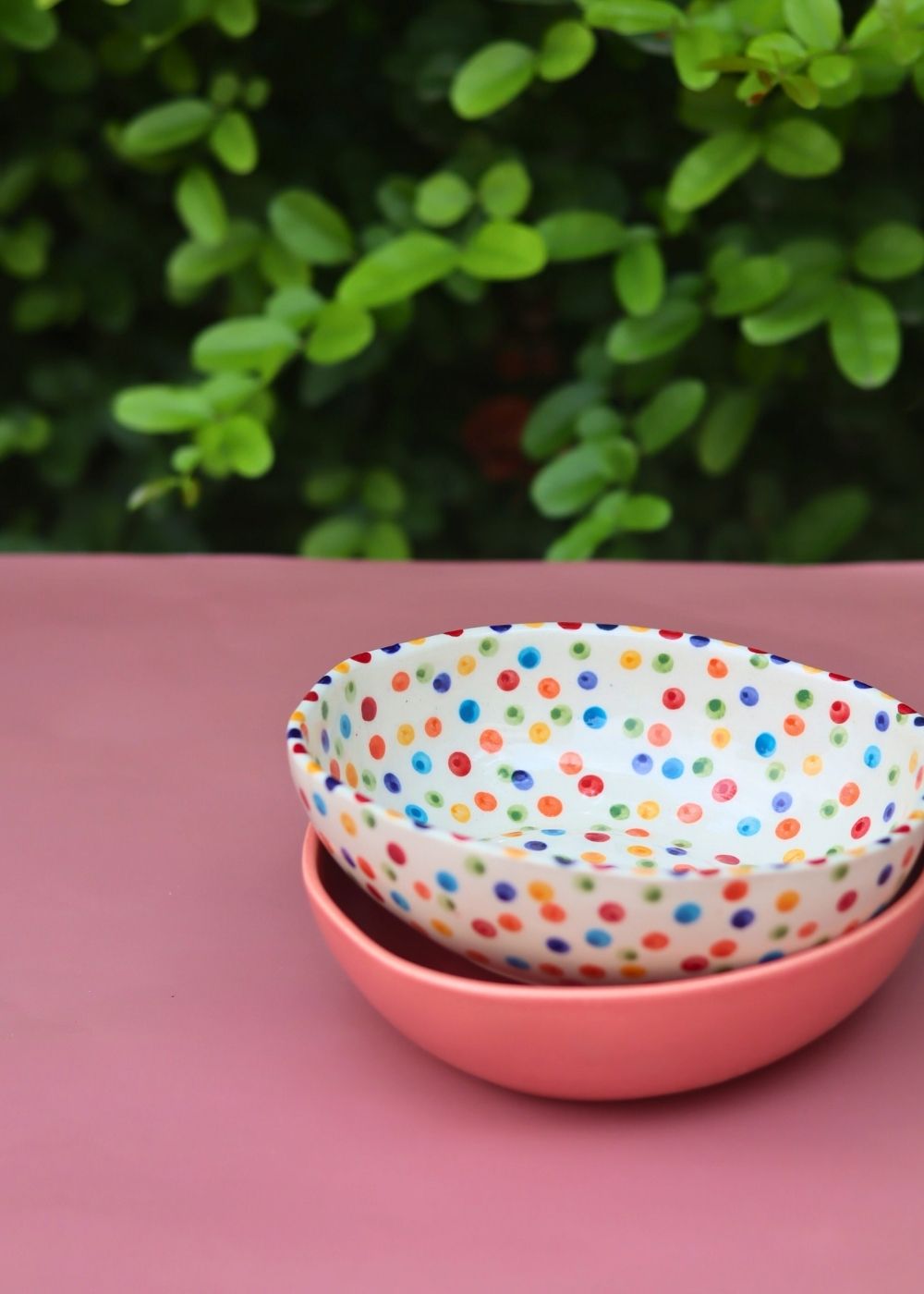 handmade Set of 2 - Colorful Polka & Pink Curry Bowl Combo