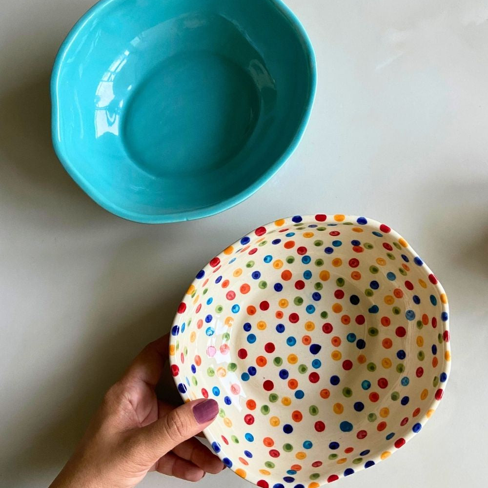 basic teal & colorful polka bowl handmade in india 