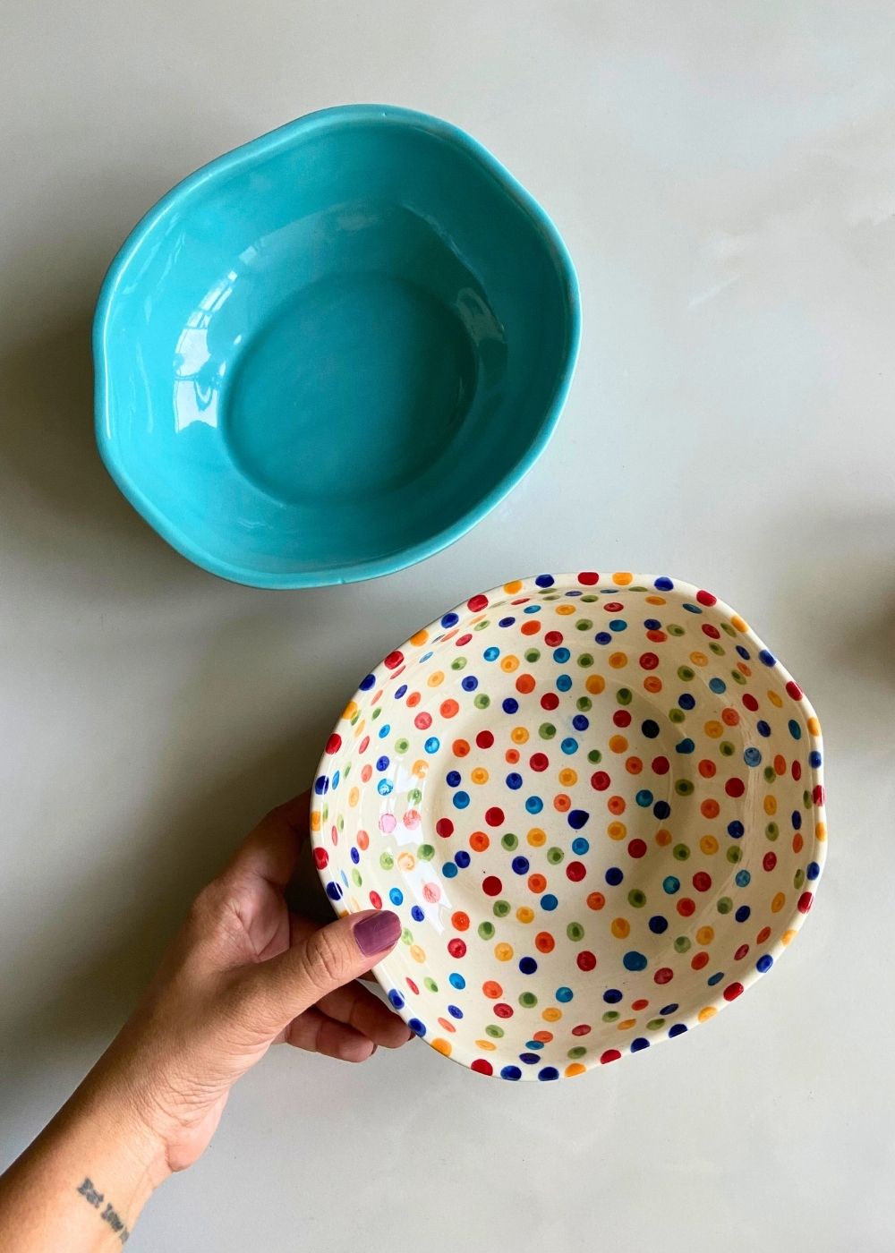 basic teal & colorful polka bowl handmade in india 