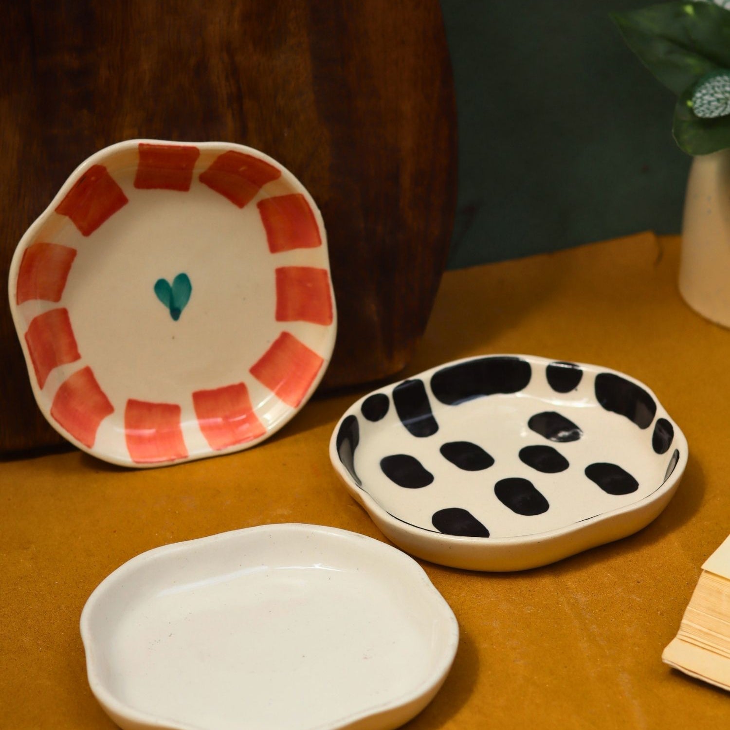 Black blocks, White & Striped heart Handmade Dessert Plate - Set of 3 made by ceramic