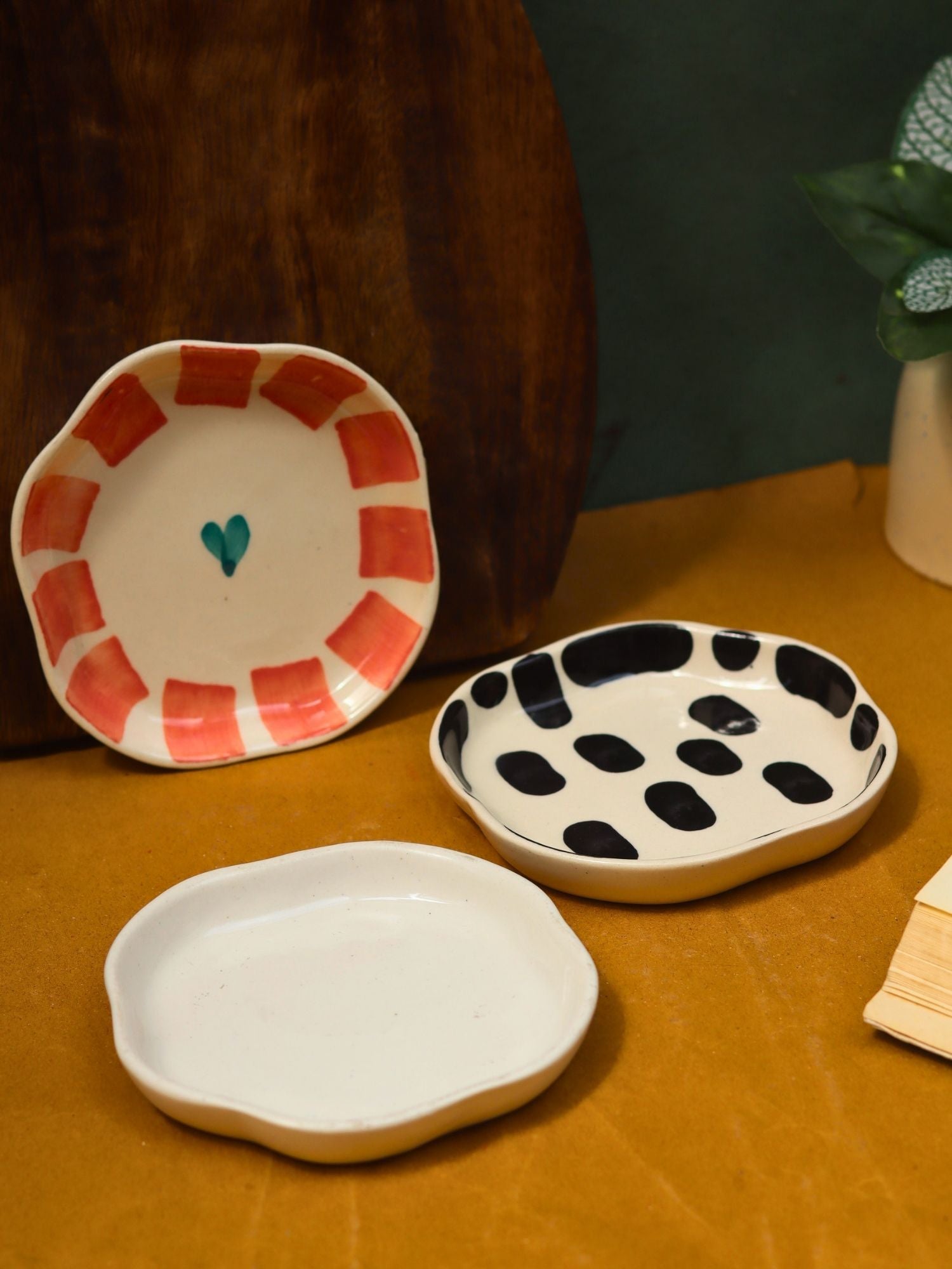 Black blocks, White & Striped heart Handmade Dessert Plate - Set of 3 made by ceramic