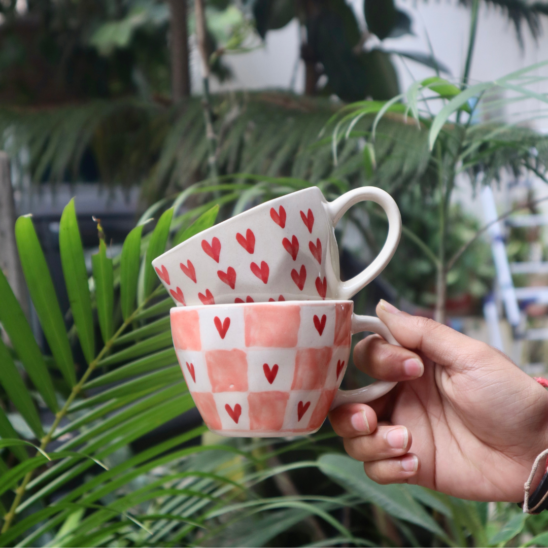 handmade chequered heart mug with beautiful heart mug