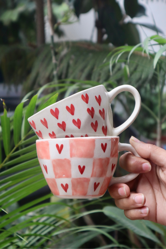 handmade chequered heart mug with beautiful heart mug