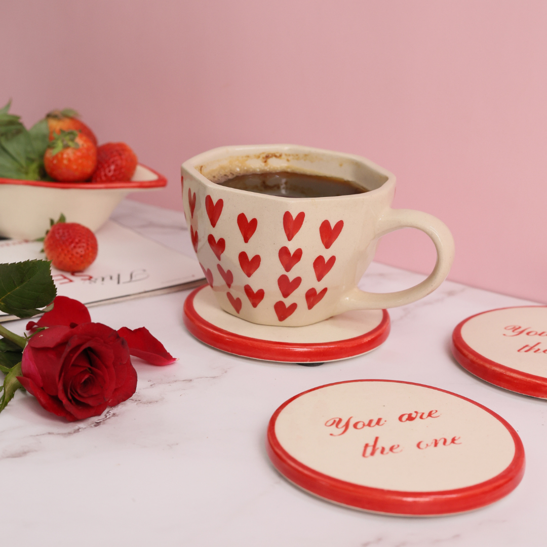 handmade heart mug with you are the one coaster for your loved one