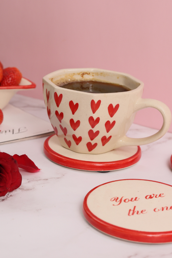 handmade heart mug with you are the one coaster for your loved one