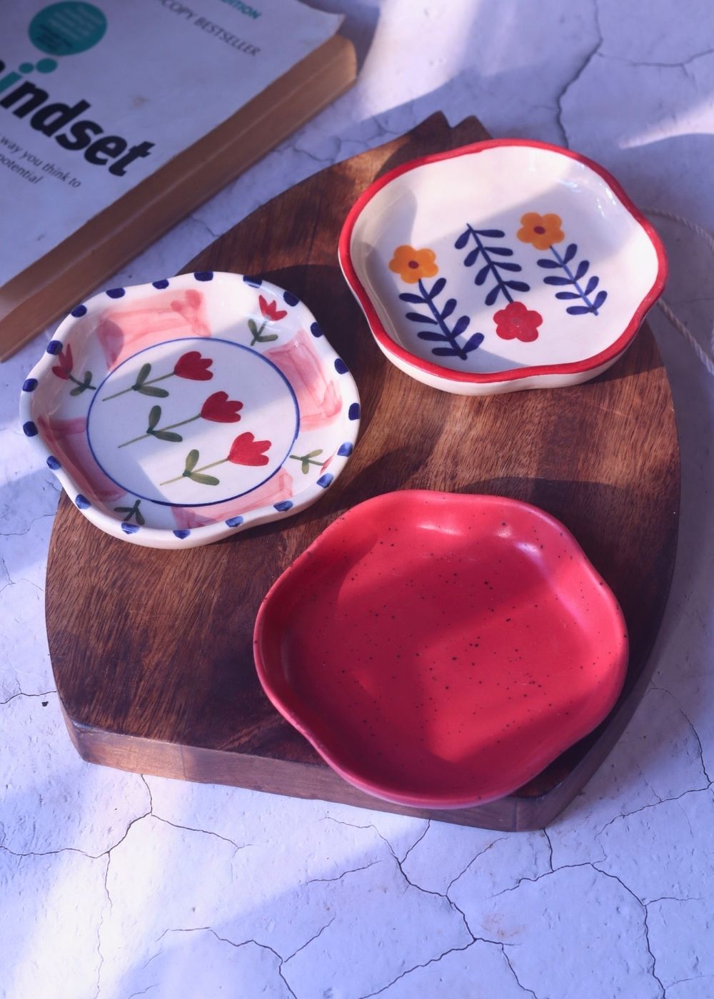 Red, Peony & Floral Bloom Handmade Dessert Plates - Set of 3 made by ceramic