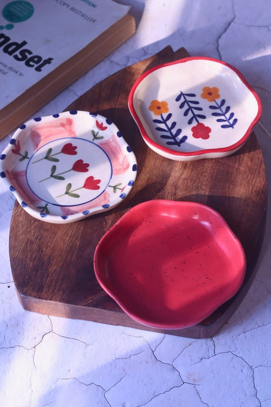 Red, Peony & Floral Bloom Handmade Dessert Plates - Set of 3 made by ceramic