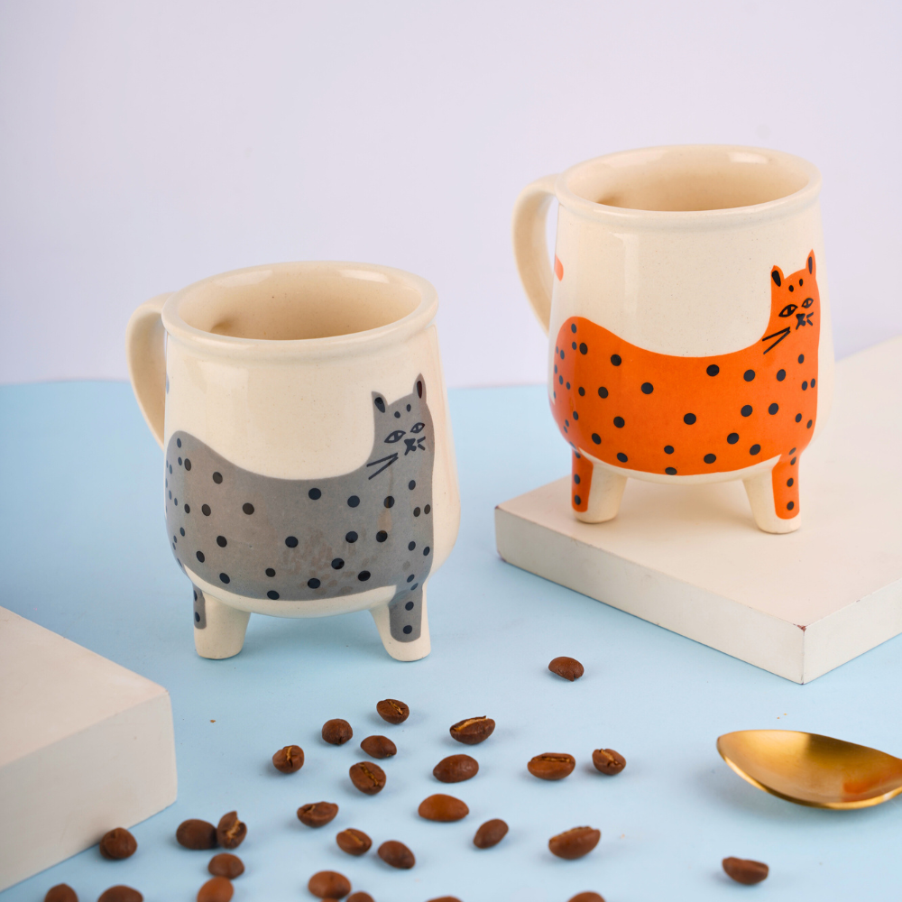 handmade grey & orange cat Mug set of two combo