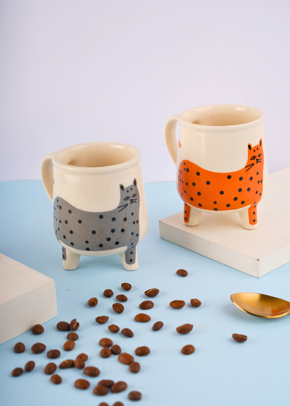 handmade grey & orange cat Mug set of two combo