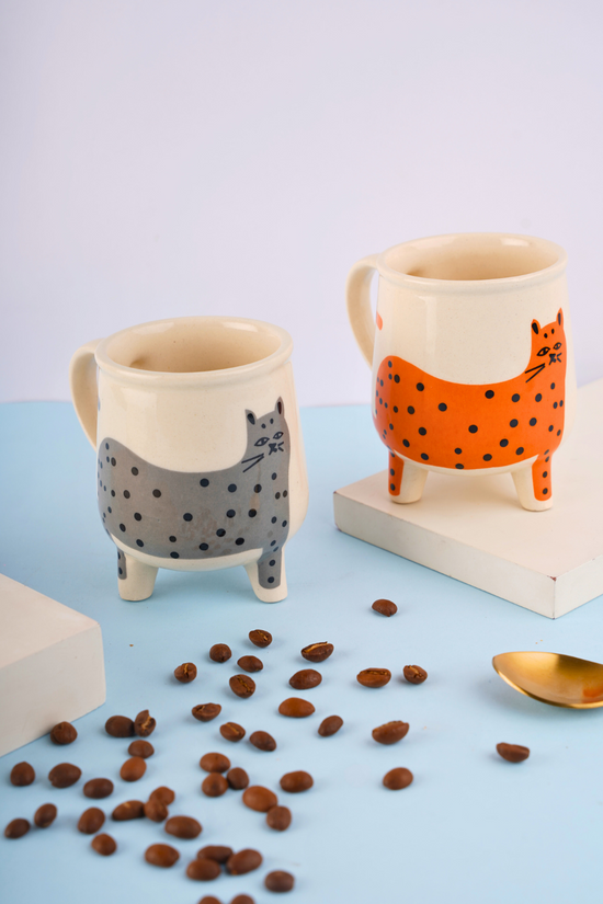 handmade grey & orange cat Mug set of two combo
