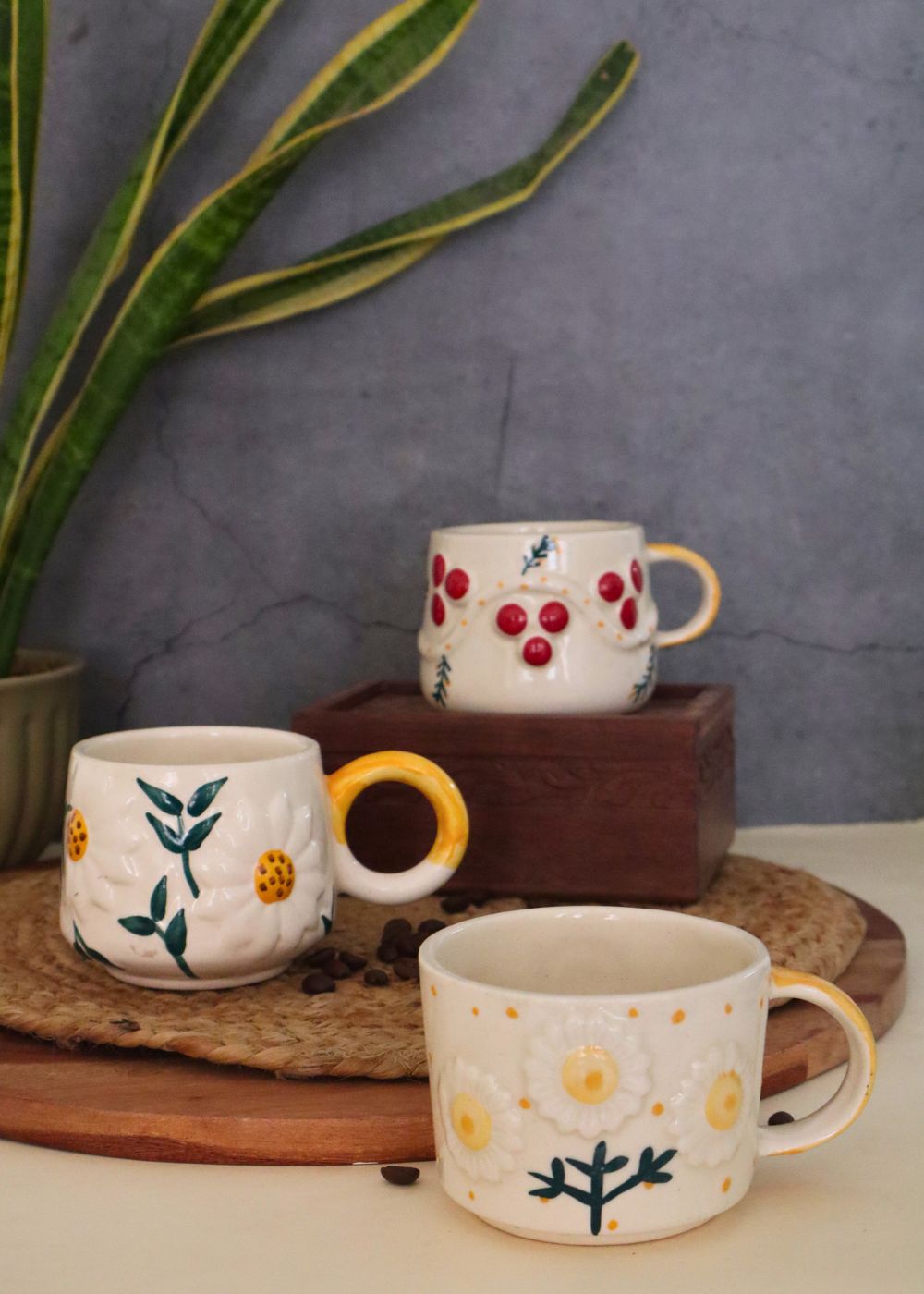 handmade daisy, sunflower & tulip mugs set'