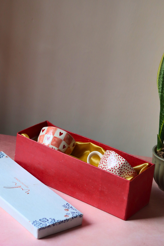 Chequered heart and polka coffee mug in gift box