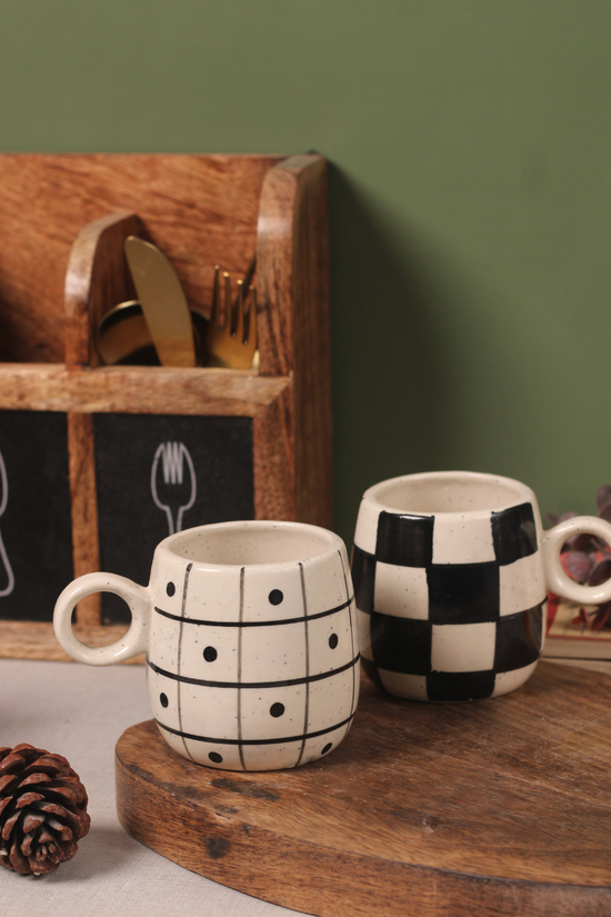 handmade cuddle mugs with chess & polka design