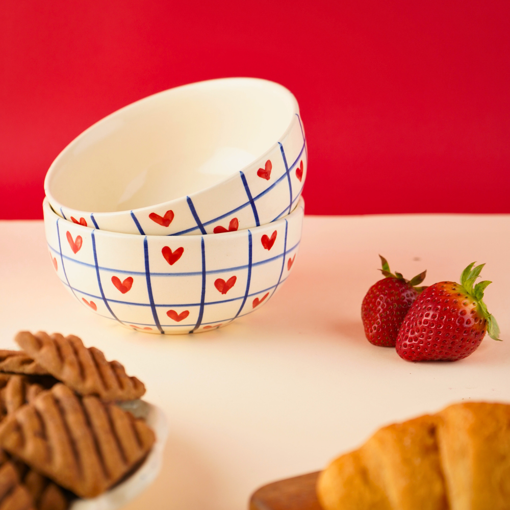 red heart in blue chequered heart bowl 
