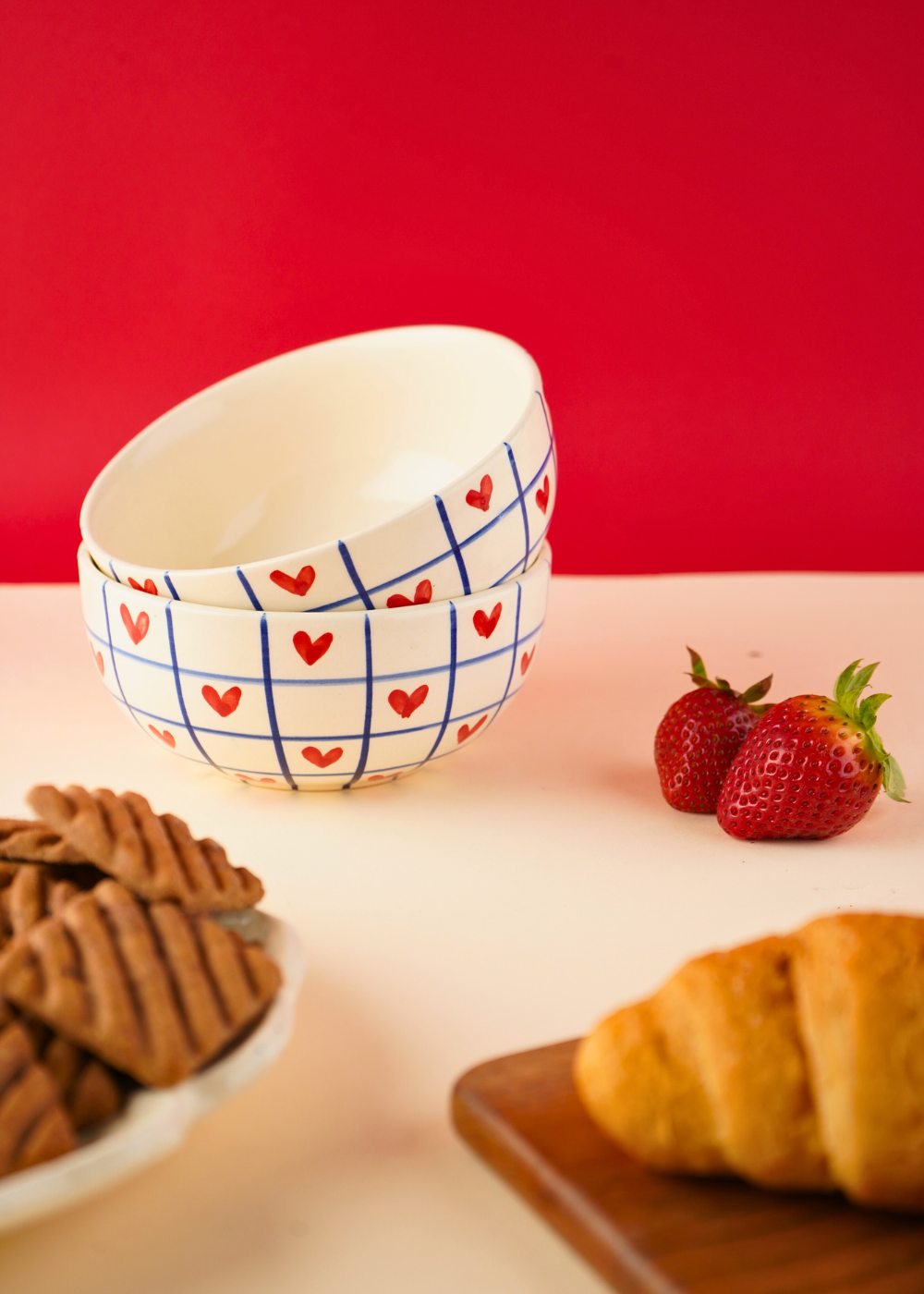 red heart in blue chequered heart bowl 