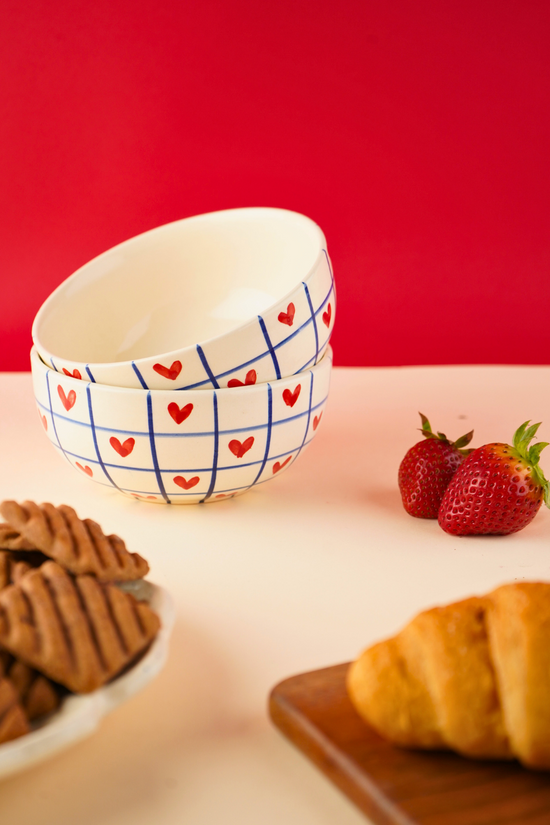 red heart in blue chequered heart bowl 