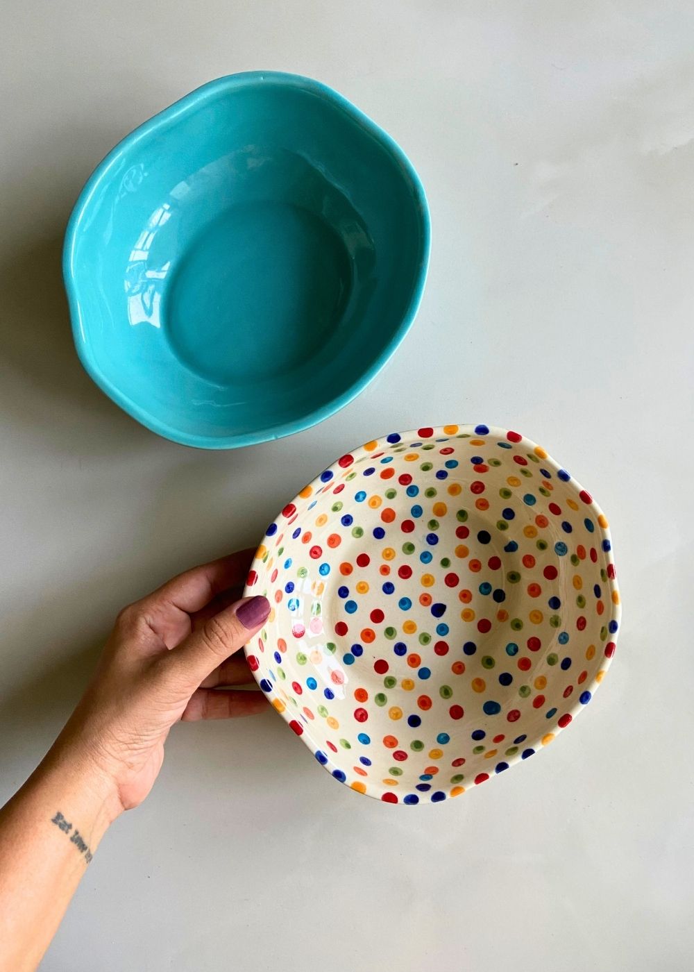 basic teal & colorful polka bowl made by ceramic 
