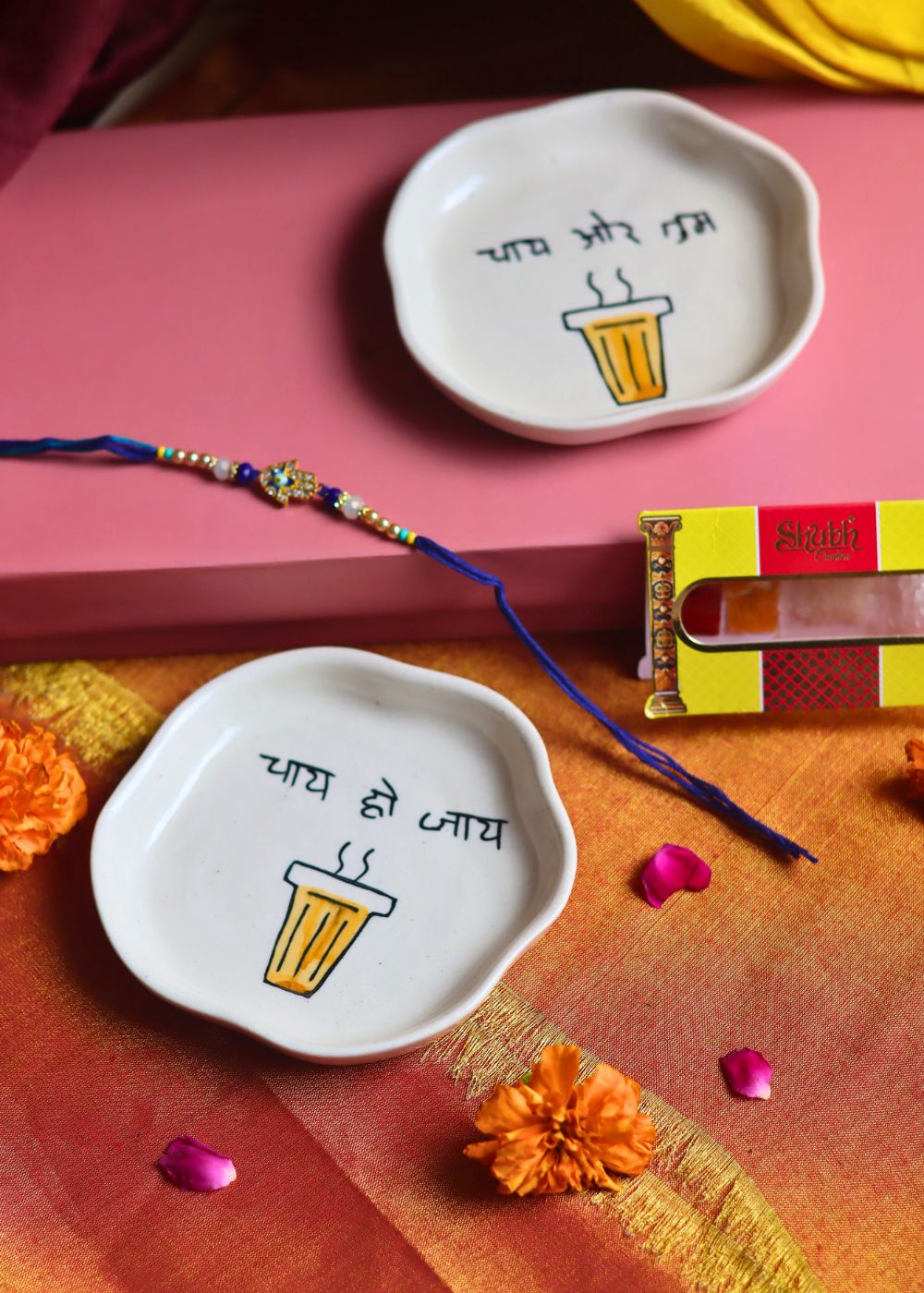 Chai or Tum & Chai ho Jaye Handmade Dessert plate Rakhi Gift box made by ceramic