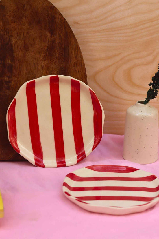 Red Striped Dessert Plate