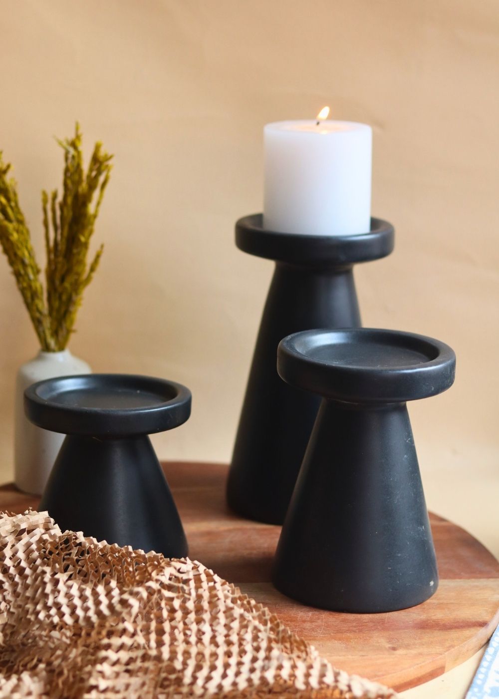 Set of 3 - Black Pillar Candle Holder handmade in india