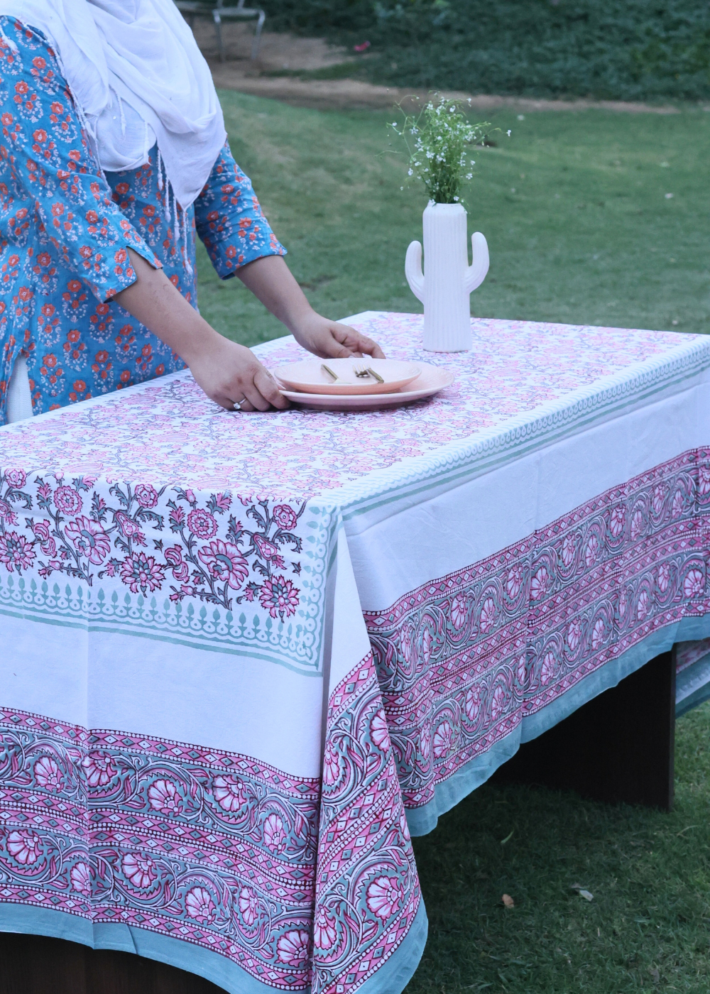Block printed table cloth on table 