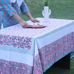 Block printed table cloth on table 