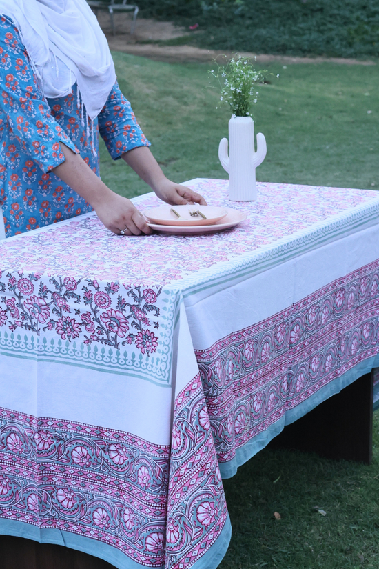 Block printed table cloth on table 