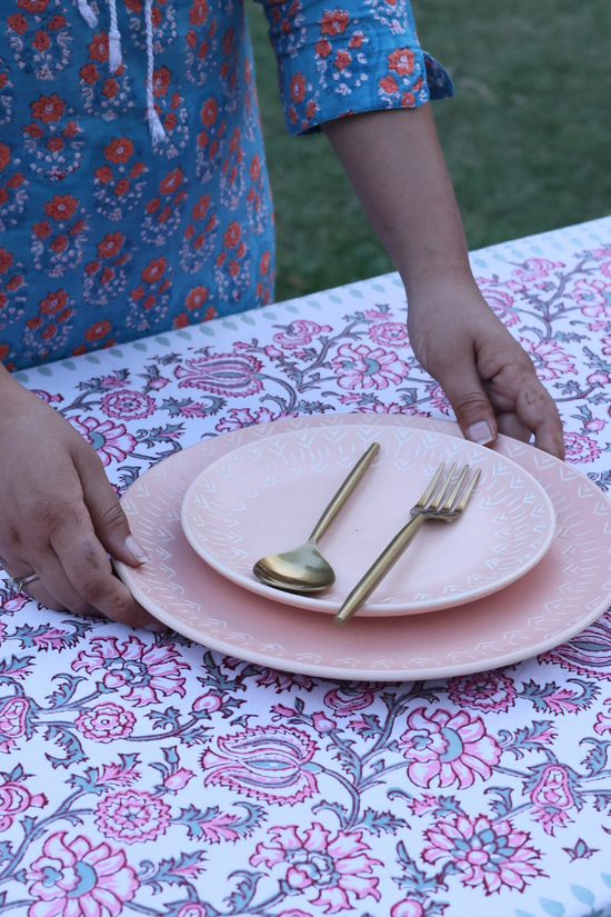 Peony table cloth on table 