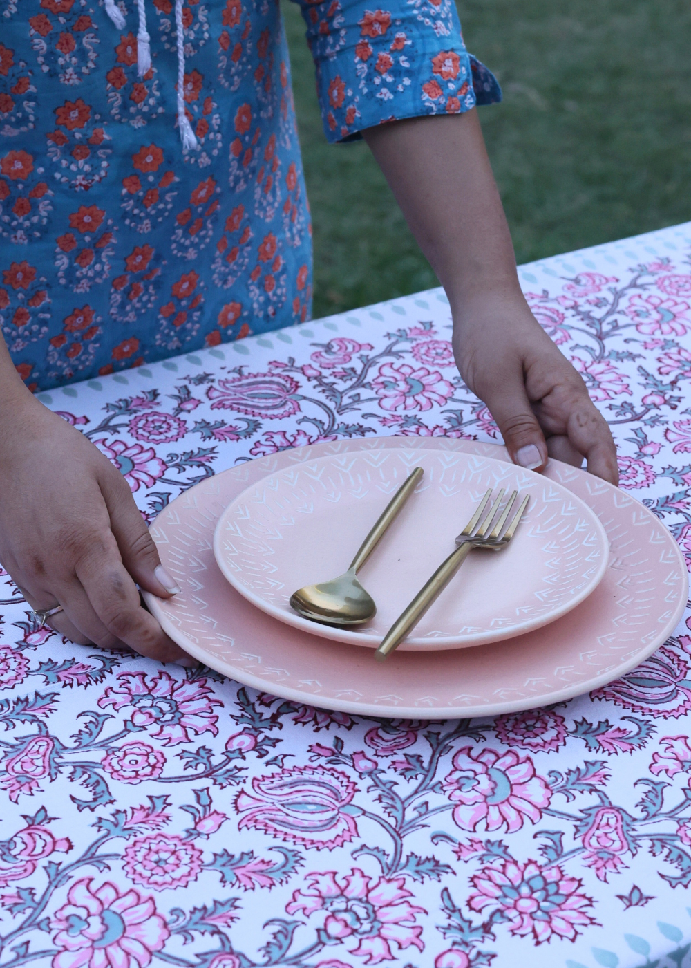 Peony table cloth on table 