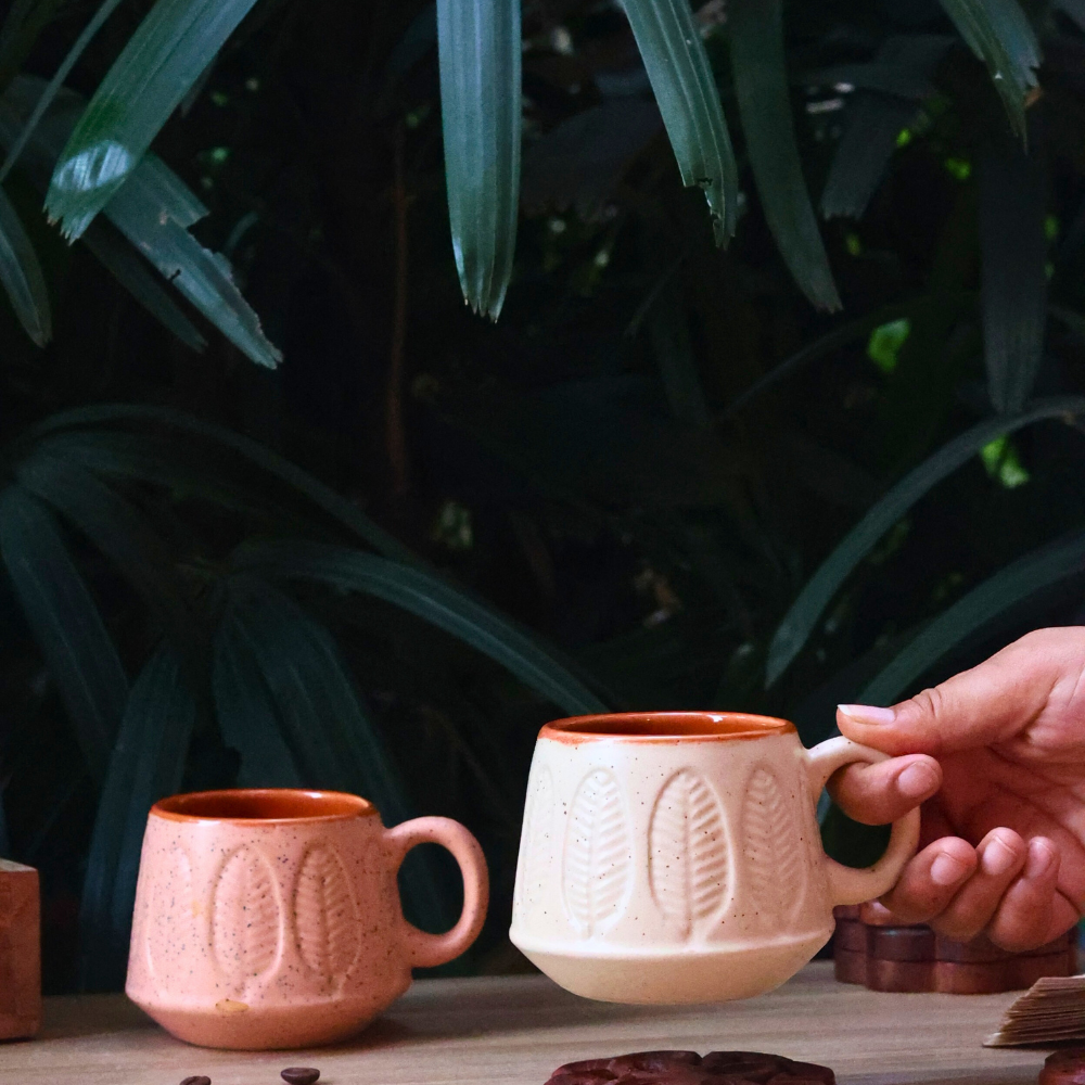 white & peach serene leaf coffee mug made by ceramic 