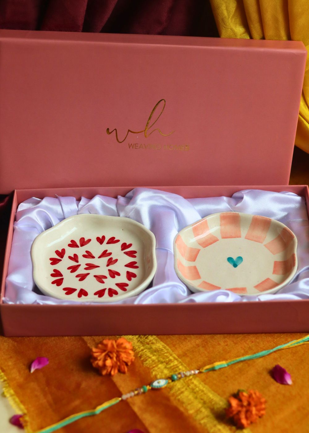 Heart & Striped Heart Handmade Dessert plate Rakhi Gift box only for this raksha bandhan