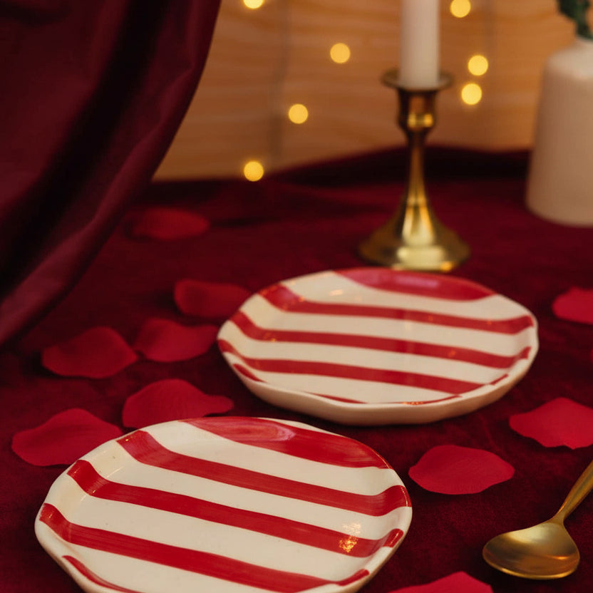 Red Striped Dessert Plate