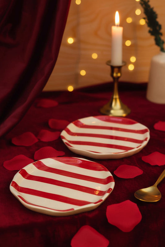 Red Striped Dessert Plate