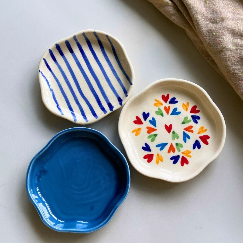 LoveisLove, Royal Blue & Blue Lined Handmade Dessert Plates handmade in india