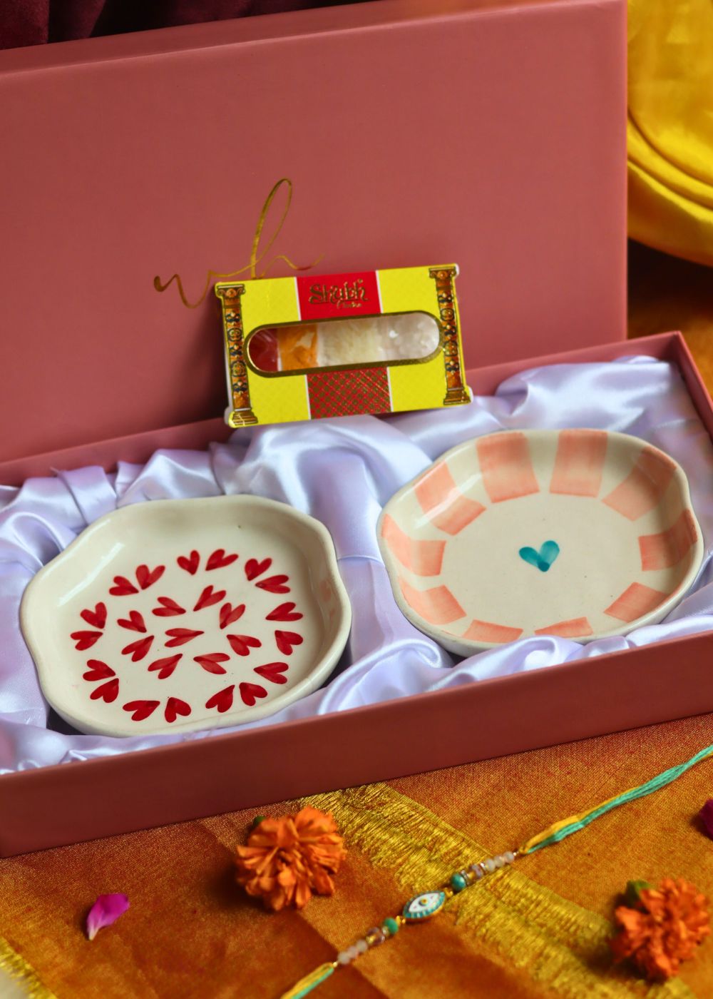 Heart & Striped Heart Handmade Dessert plate Rakhi Gift box made by ceramic