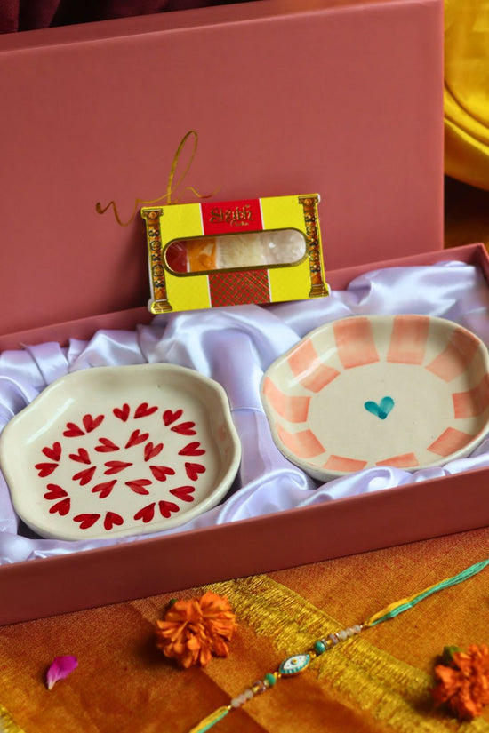 Heart & Striped Heart Handmade Dessert plate Rakhi Gift box made by ceramic